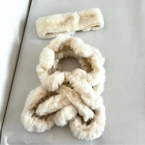 Chico's Scarf & Headband Set Faux Fur Cream Beige Pull Through Scarf